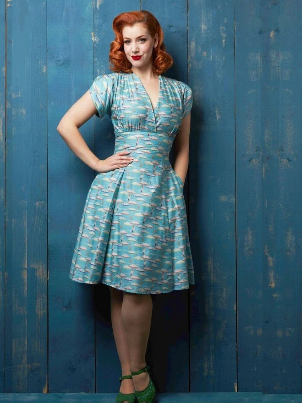 Palava Vintage-Style Light Blue Fit-and-Flare Dress Umbrella Print Size 16UK - Picture 1 of 1